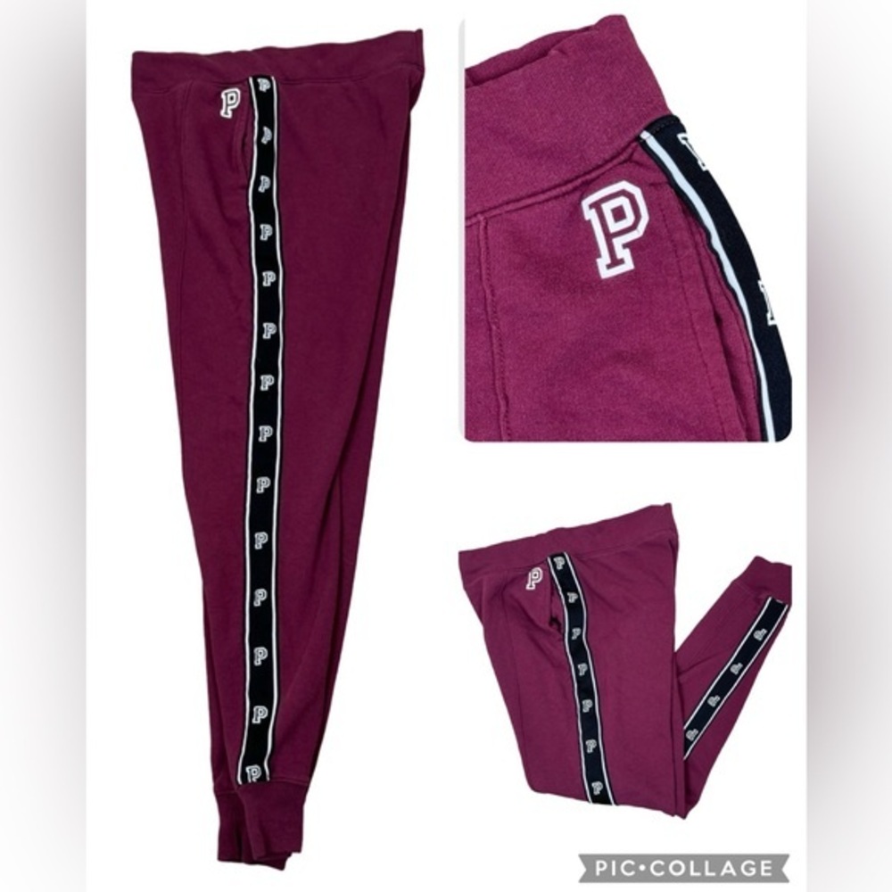 PiNK Victoria’s Secret Burgundy “P” Stripe Leg Logo Jogger Sweatpants XS Sweats